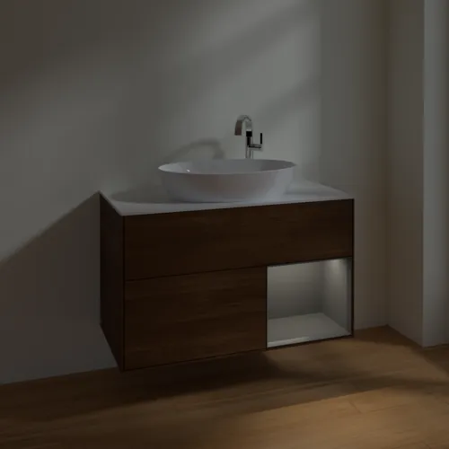 Bild von VILLEROY BOCH Finion Waschbeckenunterschrank, mit Beleuchtung, 2 Auszüge, 1000 x 603 x 501 mm, Walnut Veneer / Anthracite Matt Lacquer / Glass White Matt #F901GKGN