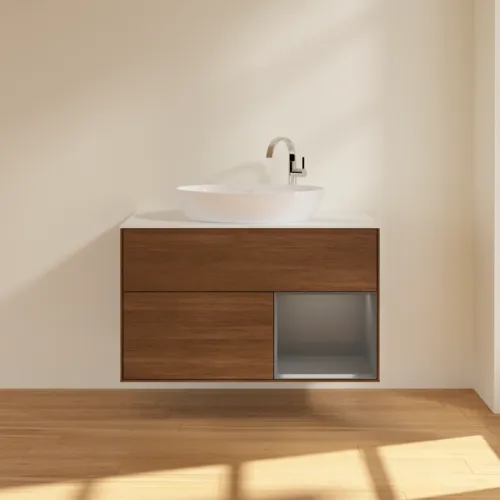 Bild von VILLEROY BOCH Finion Waschbeckenunterschrank, mit Beleuchtung, 2 Auszüge, 1000 x 603 x 501 mm, Walnut Veneer / Anthracite Matt Lacquer / Glass White Matt #F901GKGN