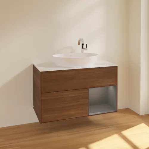Bild von VILLEROY BOCH Finion Waschbeckenunterschrank, mit Beleuchtung, 2 Auszüge, 1000 x 603 x 501 mm, Walnut Veneer / Anthracite Matt Lacquer / Glass White Matt #F901GKGN
