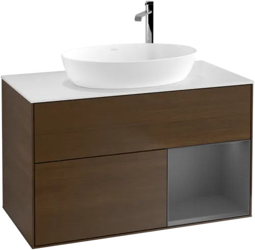 Bild von VILLEROY BOCH Finion Waschbeckenunterschrank, mit Beleuchtung, 2 Auszüge, 1000 x 603 x 501 mm, Walnut Veneer / Anthracite Matt Lacquer / Glass White Matt #F901GKGN