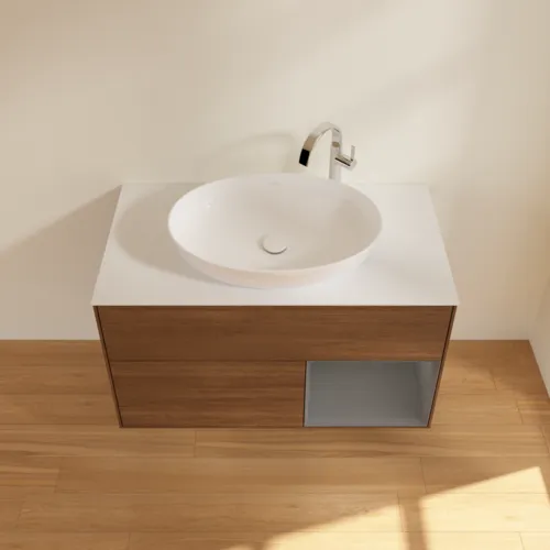 Bild von VILLEROY BOCH Finion Waschbeckenunterschrank, mit Beleuchtung, 2 Auszüge, 1000 x 603 x 501 mm, Walnut Veneer / Anthracite Matt Lacquer / Glass White Matt #F901GKGN