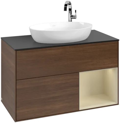 Bild von VILLEROY BOCH Finion Waschbeckenunterschrank, mit Beleuchtung, 2 Auszüge, 1000 x 603 x 501 mm, Walnut Veneer / Silk Grey Matt Lacquer / Glass Black Matt #F902HJGN