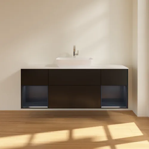 Bild von VILLEROY BOCH Finion Waschbeckenunterschrank, mit Beleuchtung, 4 Auszüge, 1600 x 603 x 501 mm, Black Matt Lacquer / Midnight Blue Matt Lacquer / Glass White Matt #F861HGPD