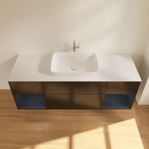Bild von VILLEROY BOCH Finion Waschbeckenunterschrank, mit Beleuchtung, 4 Auszüge, 1600 x 603 x 501 mm, Black Matt Lacquer / Midnight Blue Matt Lacquer / Glass White Matt #F861HGPD
