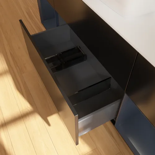 Bild von VILLEROY BOCH Finion Waschbeckenunterschrank, mit Beleuchtung, 4 Auszüge, 1600 x 603 x 501 mm, Black Matt Lacquer / Midnight Blue Matt Lacquer / Glass White Matt #F861HGPD