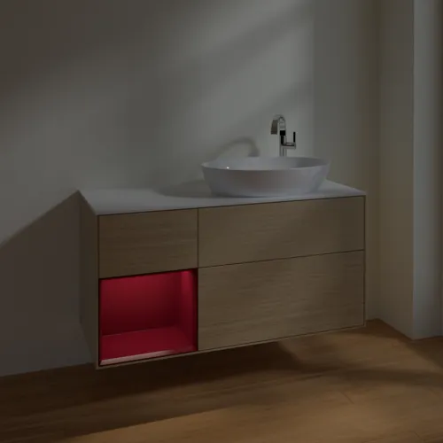 Bild von VILLEROY BOCH Finion Waschbeckenunterschrank, mit Beleuchtung, 3 Auszüge, 1200 x 603 x 501 mm, Oak Veneer / Peony Matt Lacquer / Glass White Matt #F921HBPC