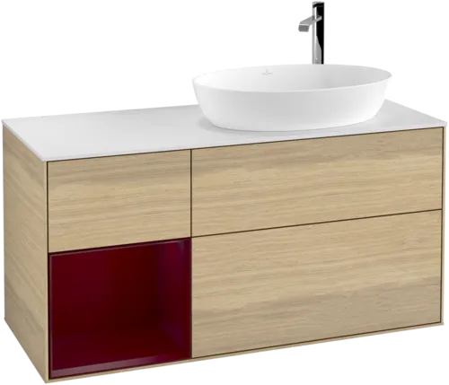 Bild von VILLEROY BOCH Finion Waschbeckenunterschrank, mit Beleuchtung, 3 Auszüge, 1200 x 603 x 501 mm, Oak Veneer / Peony Matt Lacquer / Glass White Matt #F921HBPC