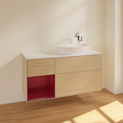 Bild von VILLEROY BOCH Finion Waschbeckenunterschrank, mit Beleuchtung, 3 Auszüge, 1200 x 603 x 501 mm, Oak Veneer / Peony Matt Lacquer / Glass White Matt #F921HBPC