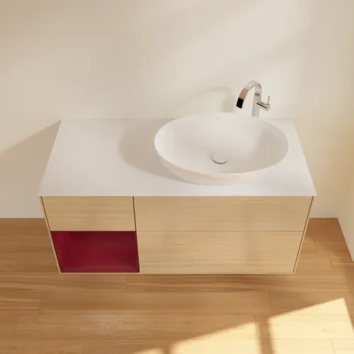 Bild von VILLEROY BOCH Finion Waschbeckenunterschrank, mit Beleuchtung, 3 Auszüge, 1200 x 603 x 501 mm, Oak Veneer / Peony Matt Lacquer / Glass White Matt #F921HBPC