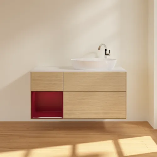 Bild von VILLEROY BOCH Finion Waschbeckenunterschrank, mit Beleuchtung, 3 Auszüge, 1200 x 603 x 501 mm, Oak Veneer / Peony Matt Lacquer / Glass White Matt #F921HBPC