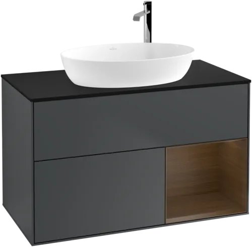 Obrázek VILLEROY BOCH Toaletní skříňka Finion, s osvětlením, 2 výsuvy, 1000 x 603 x 501 mm, půlnočně modrý matný lak / ořechová dýha / černé matné sklo #F902GNHG