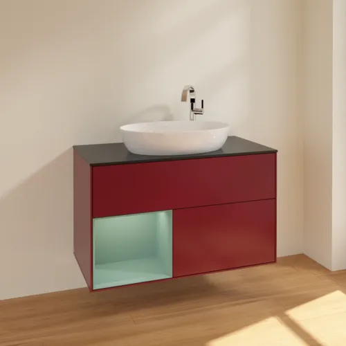Bild von VILLEROY BOCH Finion Waschbeckenunterschrank, mit Beleuchtung, 2 Auszüge, 1000 x 603 x 501 mm, Peony Matt Lacquer / Olive Matt Lacquer / Glass Black Matt #F892GMHB