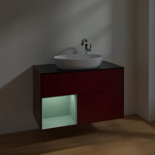 Bild von VILLEROY BOCH Finion Waschbeckenunterschrank, mit Beleuchtung, 2 Auszüge, 1000 x 603 x 501 mm, Peony Matt Lacquer / Olive Matt Lacquer / Glass Black Matt #F892GMHB