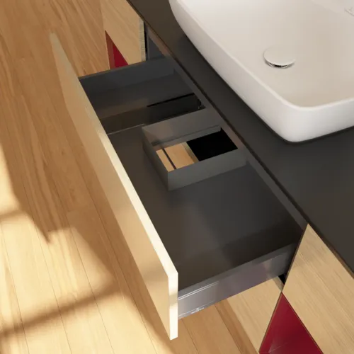 Obrázek VILLEROY BOCH Toaletní skříňka Finion, s osvětlením, 4 výsuvy, 1600 x 603 x 501 mm, dubová dýha / matný lak Pivoňka / matné černé sklo #F862HBPC