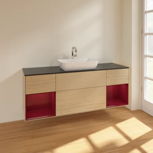 Obrázek VILLEROY BOCH Toaletní skříňka Finion, s osvětlením, 4 výsuvy, 1600 x 603 x 501 mm, dubová dýha / matný lak Pivoňka / matné černé sklo #F862HBPC