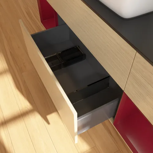 Obrázek VILLEROY BOCH Toaletní skříňka Finion, s osvětlením, 4 výsuvy, 1600 x 603 x 501 mm, dubová dýha / matný lak Pivoňka / matné černé sklo #F862HBPC