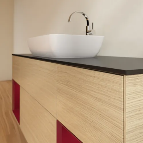 Obrázek VILLEROY BOCH Toaletní skříňka Finion, s osvětlením, 4 výsuvy, 1600 x 603 x 501 mm, dubová dýha / matný lak Pivoňka / matné černé sklo #F862HBPC