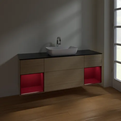 Obrázek VILLEROY BOCH Toaletní skříňka Finion, s osvětlením, 4 výsuvy, 1600 x 603 x 501 mm, dubová dýha / matný lak Pivoňka / matné černé sklo #F862HBPC