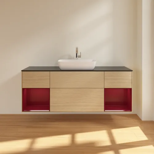 Obrázek VILLEROY BOCH Toaletní skříňka Finion, s osvětlením, 4 výsuvy, 1600 x 603 x 501 mm, dubová dýha / matný lak Pivoňka / matné černé sklo #F862HBPC