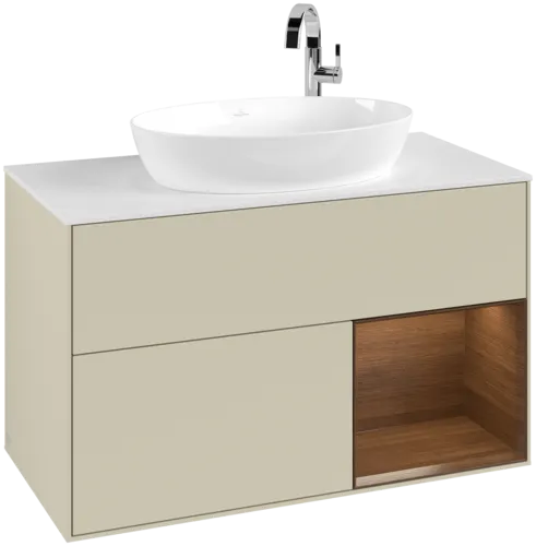 Bild von VILLEROY BOCH Finion Waschbeckenunterschrank, mit Beleuchtung, 2 Auszüge, 1000 x 603 x 501 mm, Silk Grey Matt Lacquer / Walnut Veneer / Glass White Matt #F901GNHJ