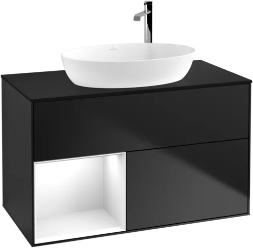 Bild von VILLEROY BOCH Finion Waschbeckenunterschrank, mit Beleuchtung, 2 Auszüge, 1000 x 603 x 501 mm, Black Matt Lacquer / Glossy White Lacquer / Glass Black Matt #F892GFPD