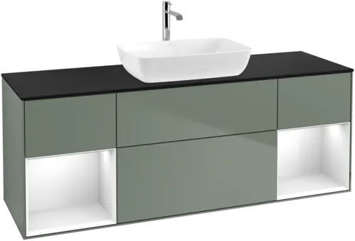 Bild von VILLEROY BOCH Finion Waschbeckenunterschrank, mit Beleuchtung, 4 Auszüge, 1600 x 603 x 501 mm, Olive Matt Lacquer / Glossy White Lacquer / Glass Black Matt #F862GFGM