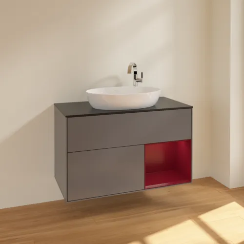 Bild von VILLEROY BOCH Finion Waschbeckenunterschrank, mit Beleuchtung, 2 Auszüge, 1000 x 603 x 501 mm, Anthracite Matt Lacquer / Peony Matt Lacquer / Glass Black Matt #F902HBGK