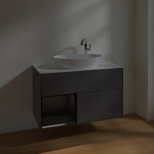 Bild von VILLEROY BOCH Finion Waschbeckenunterschrank, mit Beleuchtung, 2 Auszüge, 1000 x 603 x 501 mm, Anthracite Matt Lacquer / Black Matt Lacquer / Glass White Matt #F891PDGK