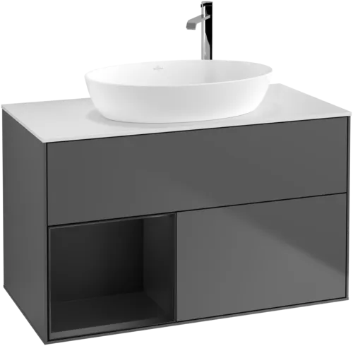 Bild von VILLEROY BOCH Finion Waschbeckenunterschrank, mit Beleuchtung, 2 Auszüge, 1000 x 603 x 501 mm, Anthracite Matt Lacquer / Black Matt Lacquer / Glass White Matt #F891PDGK