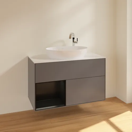 Bild von VILLEROY BOCH Finion Waschbeckenunterschrank, mit Beleuchtung, 2 Auszüge, 1000 x 603 x 501 mm, Anthracite Matt Lacquer / Black Matt Lacquer / Glass White Matt #F891PDGK