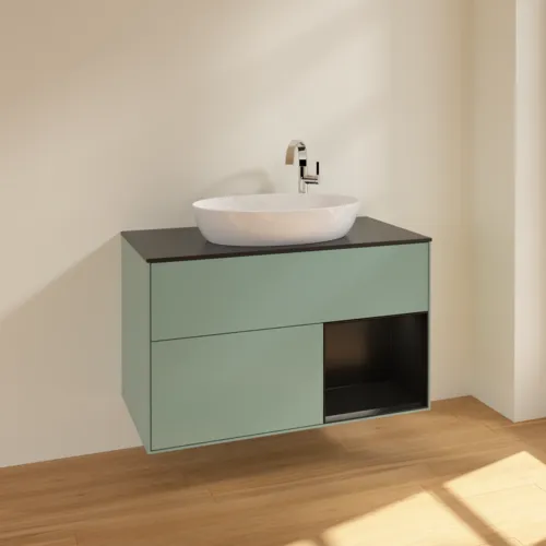 Bild von VILLEROY BOCH Finion Waschbeckenunterschrank, mit Beleuchtung, 2 Auszüge, 1000 x 603 x 501 mm, Olive Matt Lacquer / Black Matt Lacquer / Glass Black Matt #F902PDGM
