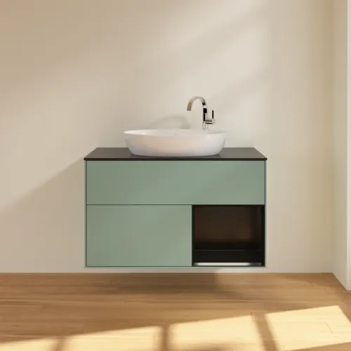 Bild von VILLEROY BOCH Finion Waschbeckenunterschrank, mit Beleuchtung, 2 Auszüge, 1000 x 603 x 501 mm, Olive Matt Lacquer / Black Matt Lacquer / Glass Black Matt #F902PDGM