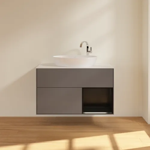 Bild von VILLEROY BOCH Finion Waschbeckenunterschrank, mit Beleuchtung, 2 Auszüge, 1000 x 603 x 501 mm, Anthracite Matt Lacquer / Black Matt Lacquer / Glass White Matt #F901PDGK