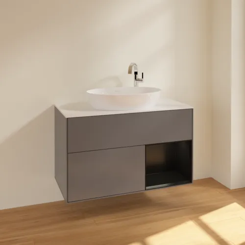 Bild von VILLEROY BOCH Finion Waschbeckenunterschrank, mit Beleuchtung, 2 Auszüge, 1000 x 603 x 501 mm, Anthracite Matt Lacquer / Black Matt Lacquer / Glass White Matt #F901PDGK
