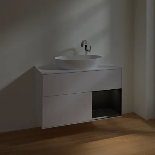 Bild von VILLEROY BOCH Finion Waschbeckenunterschrank, mit Beleuchtung, 2 Auszüge, 1000 x 603 x 501 mm, Glossy White Lacquer / Black Matt Lacquer / Glass White Matt #F901PDGF