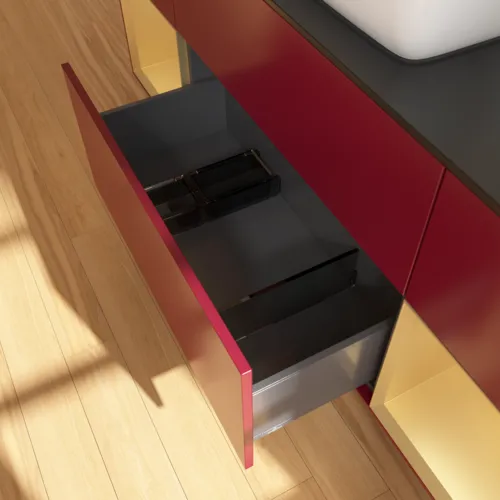 Bild von VILLEROY BOCH Finion Waschbeckenunterschrank, mit Beleuchtung, 4 Auszüge, 1600 x 603 x 501 mm, Peony Matt Lacquer / Gold Matt Lacquer / Glass Black Matt #F862HFHB