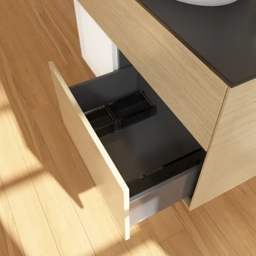 Bild von VILLEROY BOCH Finion Waschbeckenunterschrank, mit Beleuchtung, 2 Auszüge, 1000 x 603 x 501 mm, Oak Veneer / White Matt Lacquer / Glass Black Matt #F892MTPC