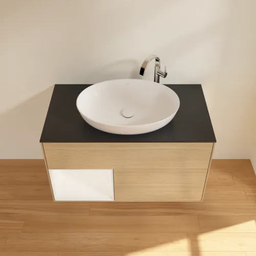 Bild von VILLEROY BOCH Finion Waschbeckenunterschrank, mit Beleuchtung, 2 Auszüge, 1000 x 603 x 501 mm, Oak Veneer / White Matt Lacquer / Glass Black Matt #F892MTPC