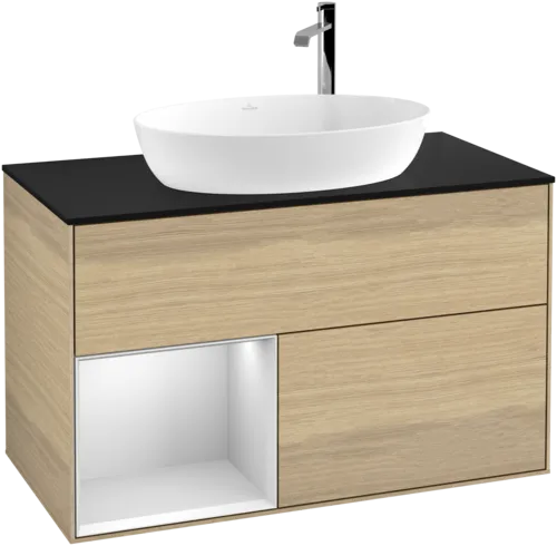 Bild von VILLEROY BOCH Finion Waschbeckenunterschrank, mit Beleuchtung, 2 Auszüge, 1000 x 603 x 501 mm, Oak Veneer / White Matt Lacquer / Glass Black Matt #F892MTPC
