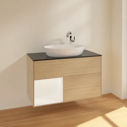Bild von VILLEROY BOCH Finion Waschbeckenunterschrank, mit Beleuchtung, 2 Auszüge, 1000 x 603 x 501 mm, Oak Veneer / White Matt Lacquer / Glass Black Matt #F892MTPC