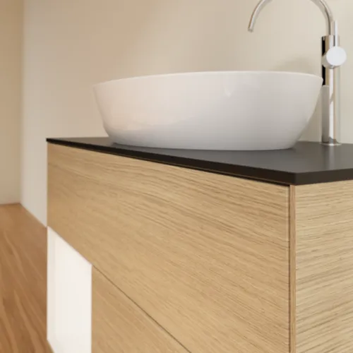 Bild von VILLEROY BOCH Finion Waschbeckenunterschrank, mit Beleuchtung, 2 Auszüge, 1000 x 603 x 501 mm, Oak Veneer / White Matt Lacquer / Glass Black Matt #F892MTPC