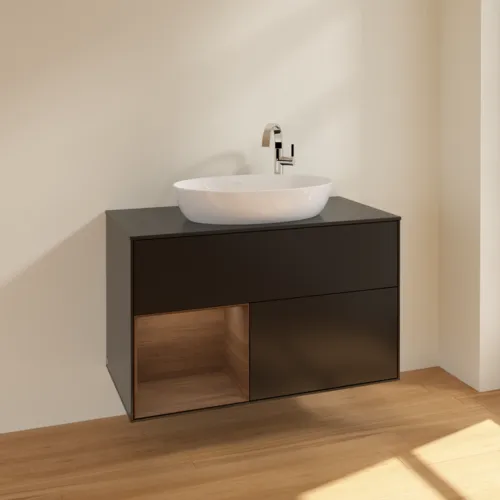 Bild von VILLEROY BOCH Finion Waschbeckenunterschrank, mit Beleuchtung, 2 Auszüge, 1000 x 603 x 501 mm, Black Matt Lacquer / Walnut Veneer / Glass Black Matt #F892GNPD