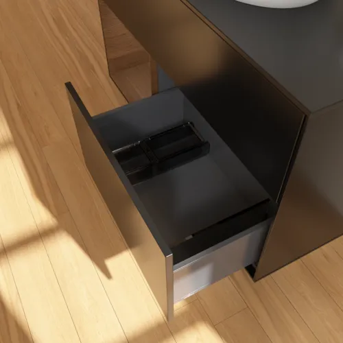 Bild von VILLEROY BOCH Finion Waschbeckenunterschrank, mit Beleuchtung, 2 Auszüge, 1000 x 603 x 501 mm, Black Matt Lacquer / Walnut Veneer / Glass Black Matt #F892GNPD