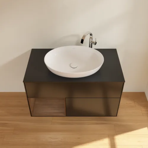 Bild von VILLEROY BOCH Finion Waschbeckenunterschrank, mit Beleuchtung, 2 Auszüge, 1000 x 603 x 501 mm, Black Matt Lacquer / Walnut Veneer / Glass Black Matt #F892GNPD