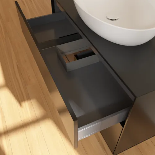 Bild von VILLEROY BOCH Finion Waschbeckenunterschrank, mit Beleuchtung, 2 Auszüge, 1000 x 603 x 501 mm, Black Matt Lacquer / Walnut Veneer / Glass Black Matt #F892GNPD