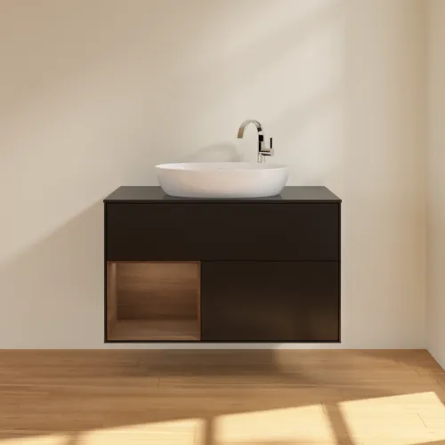 Bild von VILLEROY BOCH Finion Waschbeckenunterschrank, mit Beleuchtung, 2 Auszüge, 1000 x 603 x 501 mm, Black Matt Lacquer / Walnut Veneer / Glass Black Matt #F892GNPD
