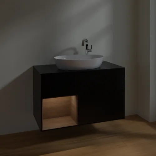 Bild von VILLEROY BOCH Finion Waschbeckenunterschrank, mit Beleuchtung, 2 Auszüge, 1000 x 603 x 501 mm, Black Matt Lacquer / Walnut Veneer / Glass Black Matt #F892GNPD