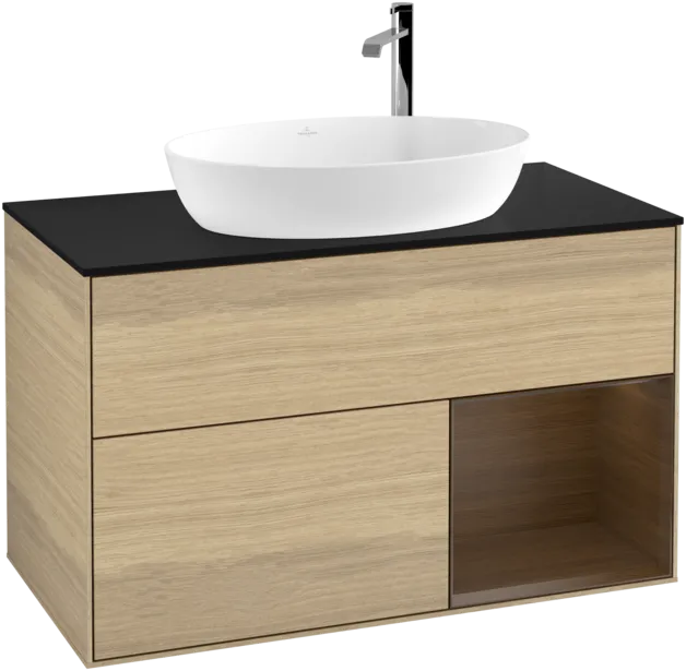 Bild von VILLEROY BOCH Finion Waschbeckenunterschrank, mit Beleuchtung, 2 Auszüge, 1000 x 603 x 501 mm, Oak Veneer / Walnut Veneer / Glass Black Matt #F902GNPC