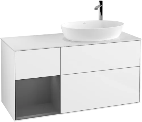 Bild von VILLEROY BOCH Finion Waschbeckenunterschrank, mit Beleuchtung, 3 Auszüge, 1200 x 603 x 501 mm, Glossy White Lacquer / Anthracite Matt Lacquer / Glass White Matt #F921GKGF