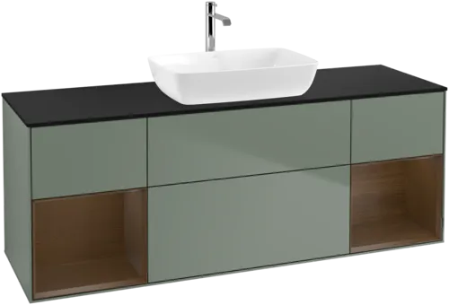 Bild von VILLEROY BOCH Finion Waschbeckenunterschrank, mit Beleuchtung, 4 Auszüge, 1600 x 603 x 501 mm, Olive Matt Lacquer / Walnut Veneer / Glass Black Matt #F862GNGM